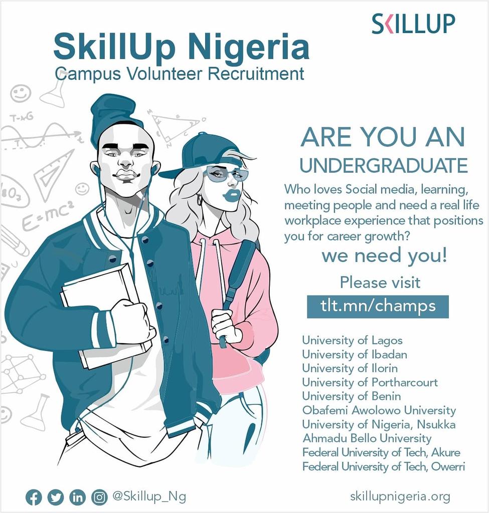 TechHR_'s tweet photo. Are you an undergraduate from these  universities in Nigeria
 Apply to the skillup campus volunteer Recruitment.
@Skillup_Ng @TechHR_ https://t.co/9pPJnJF4SN