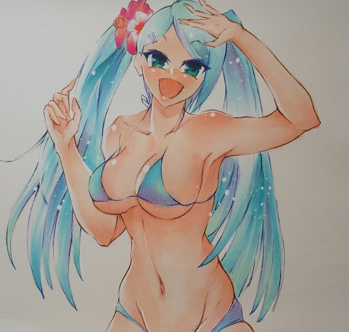 コピックで初音ミク 水着 描きました 久しぶりのコピック えちえちに描けた 𝓢𝓸𝓾𝓷 のイラスト