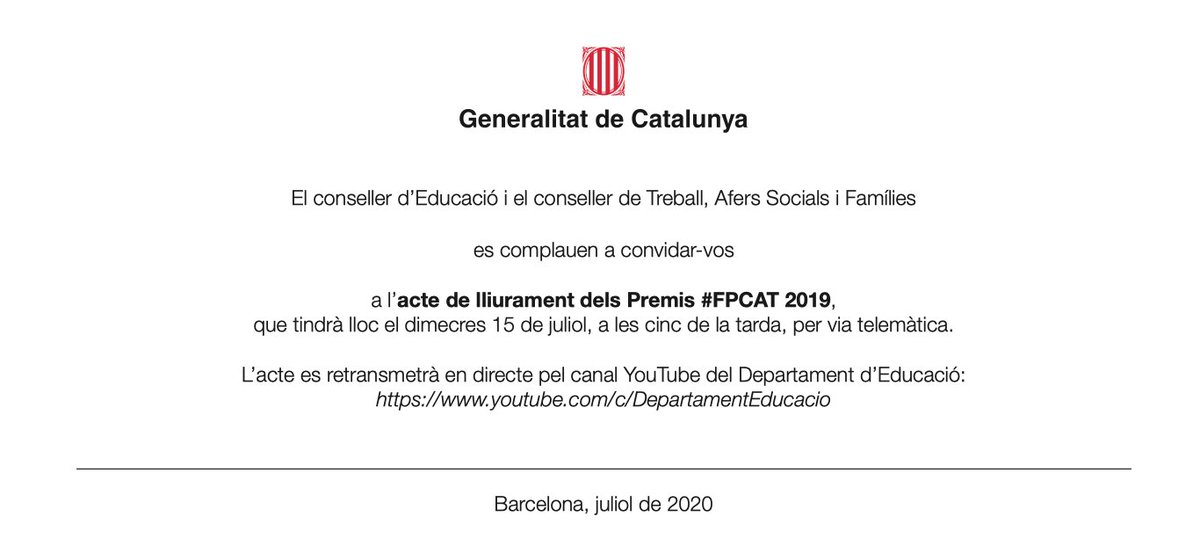 🏆 Recordeu que demà dia 15 de juliol, se celebra l'acte de lliurament dels Premis #FPCAT.

⏰ Dimecres 15 de juliol, 17h

🔗youtube.com/c/DepartamentE…