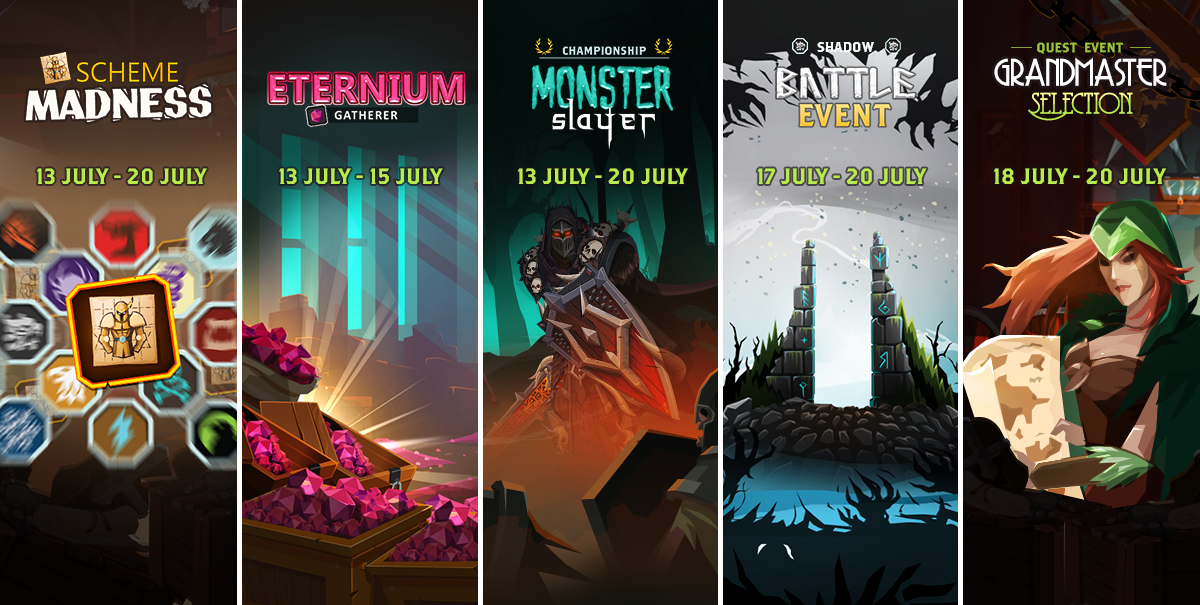 QuestlandGame's tweet photo. The weekly events are well underway, so don't miss out on some scheme madness, eternium gathering, and monster slaying, all in preparation for Shadow Battle Event! https://t.co/1afzWGMB5n