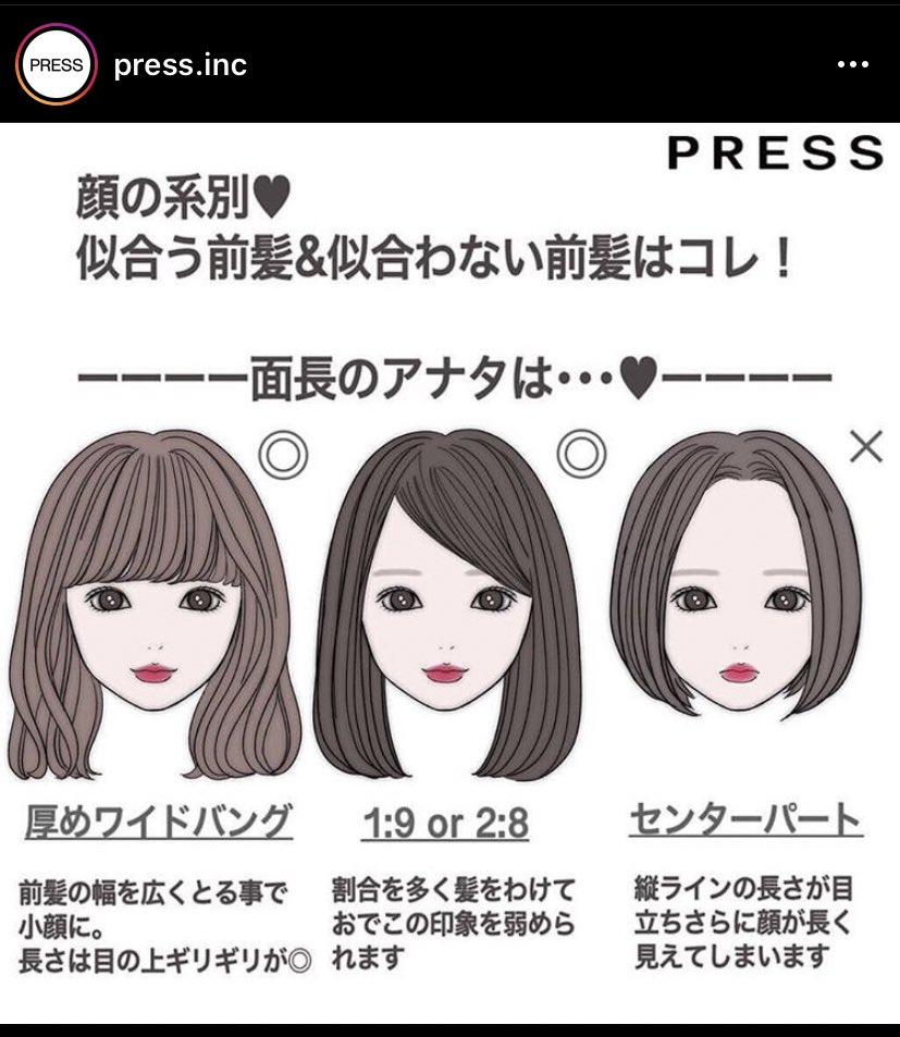 うさこさんのツイート この似合う前髪 似合わない前髪 のわかりみが深すぎて 私面長で今まで7 3にしてたけどなんかずっと似合わなくて 最近厚めワイドバングにしてみたら自分比しっくりきたんだよね イラストも 前髪のスタイルも現実味があって分かりやすいし