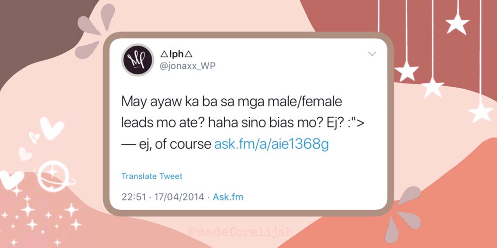 someone: May ayaw ka ba sa mga male/female leads mo ate? haha sino bias mo? Ej? :”> @jonaxx_WP: ej, of course