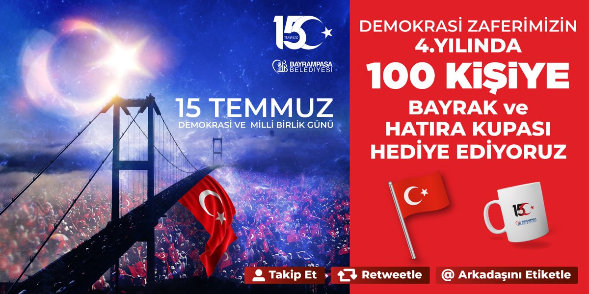 Kıymetli hemşehrilerim, 

15 Temmuz demokrasi zaferimizin 4. yılında 100 takipçimize Türk Bayrağı ve hatıra kupası hediye ediyoruz.

Etkinliğimize katılmak için 17 Temmuz Cuma gününe kadar hesaplarımızı takip edip, tweeti RT yaparak yoruma arkadaşlarınızı etiketlemeyi unutmayın.