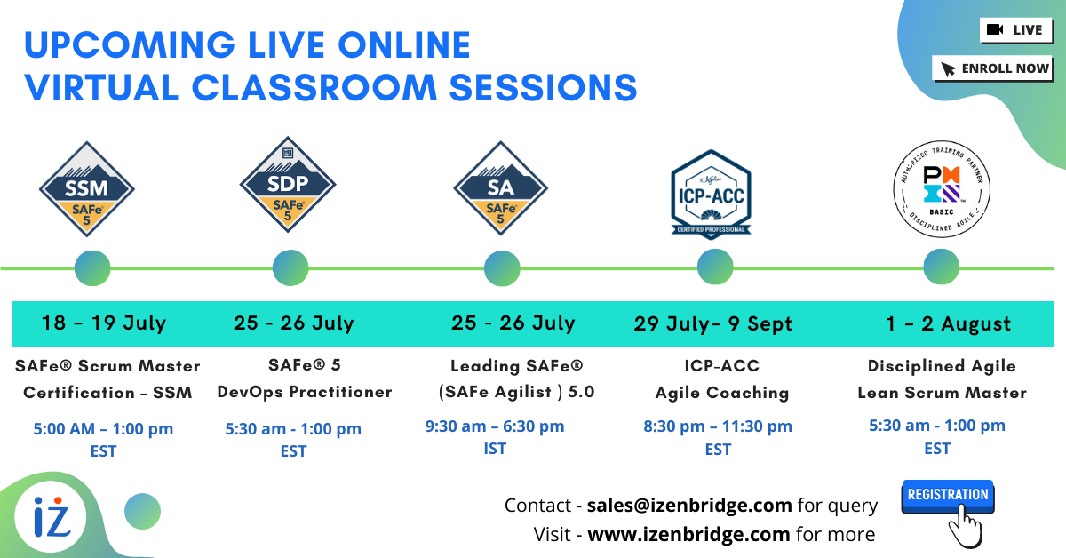 iZenBridge's tweet photo. Check our upcoming class calendar at https://t.co/ULHiWUqPo8 - Learn and earn the certification without losing your work day time.
#scaledagile #scaledagileframework #safeagilist #safeScrummaster #safedevops #icagile #agilecoaching #agiletraining #disciplinedagile #ICPACC https://t.co/2fVKJnijkN