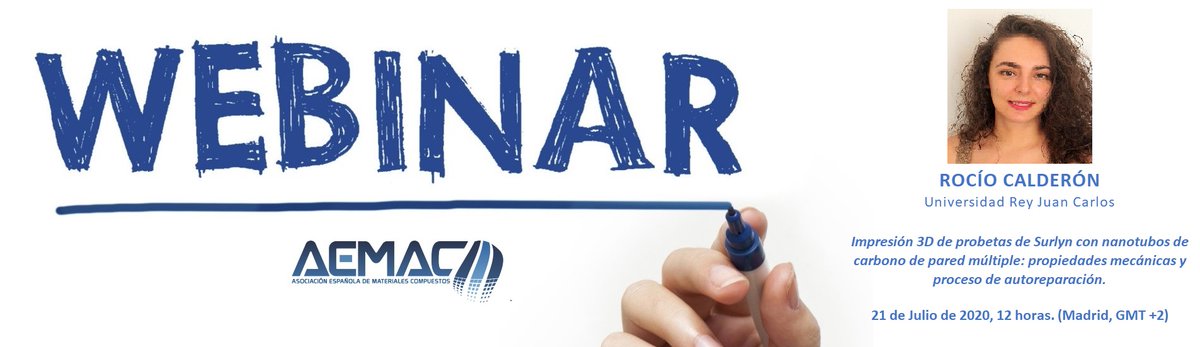 AEMAC_'s tweet photo. Vamos cerrando los #WebinarsAEMAC, antes de #vacaciones
21 Julio, R. Calderón de @urjc hablará de #Impresión3D de probetas de #SURLYN con #nanotubos de #carbono de pared múltiple: propiedades mecánicas y proceso de #autoreparación.
#AsociadosAEMAC
https://t.co/Tdi7kAx806 https://t.co/O8ctbz1e3Q