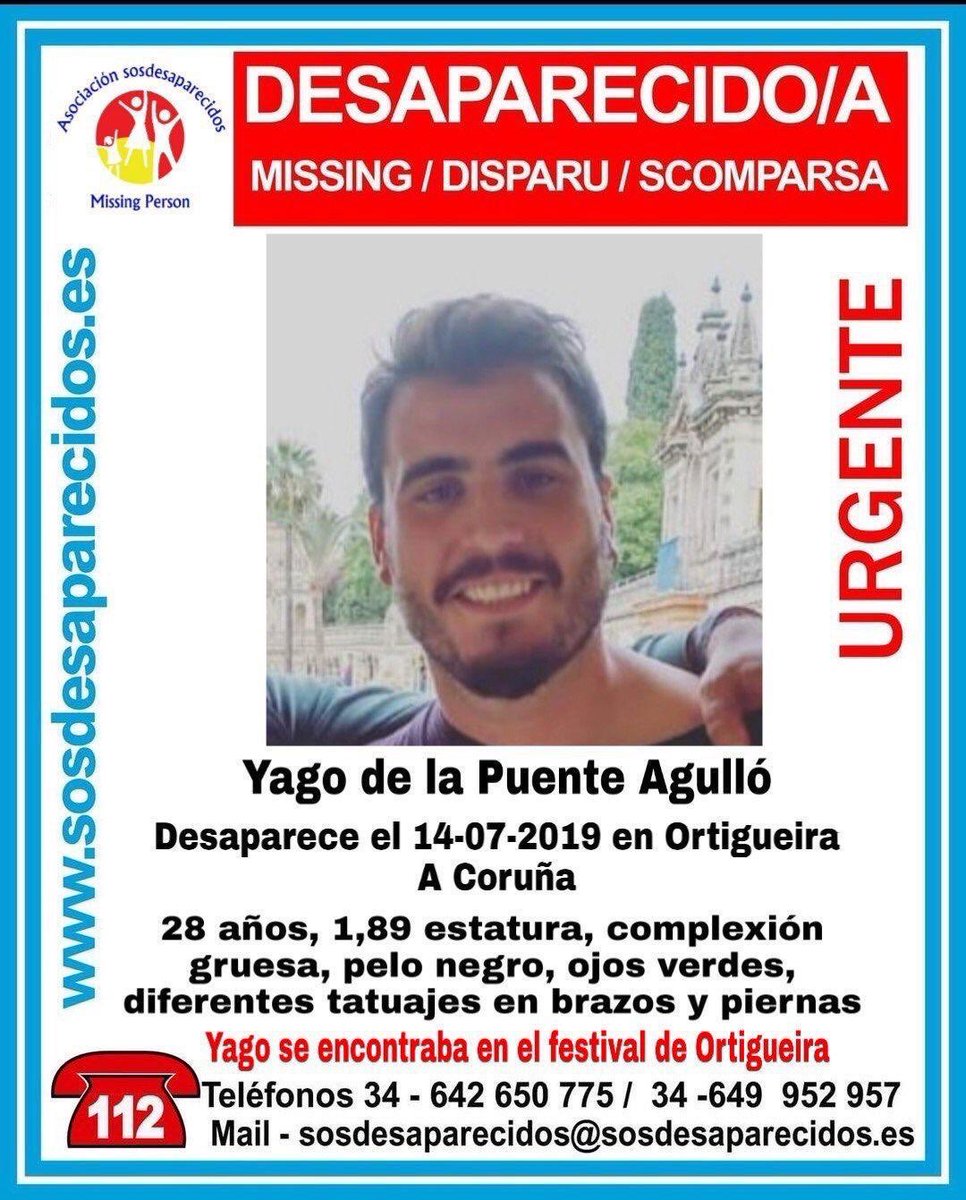 Antena3Galicia's tweet photo. Se cumple un año de la desaparición del coruñés Yago de la Puente, del que no hay ni rastro desde que acudió al Festival Celta de #Ortigueira. Hoy, a las 20:30, habrá una concentración en #ACoruña bajo el lema #SOSYAGO, para pedir que no se olvide su caso https://t.co/QWRTcb8Xkn
