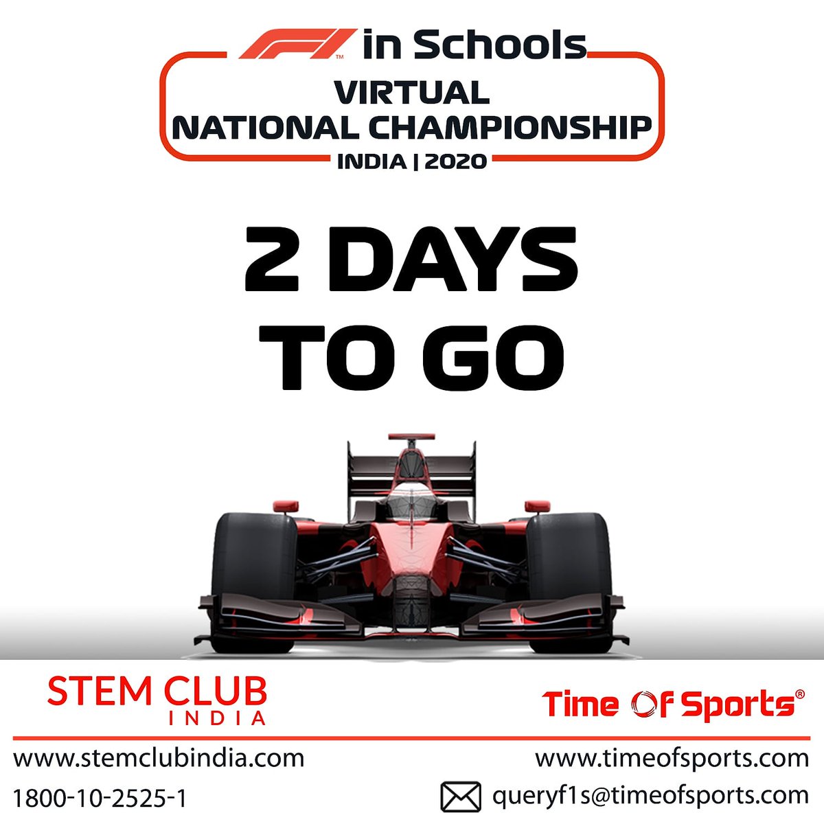 F1 in Schools India Virtual National Championship 2020
2 DAYS TO GO
All the best to the participating teams.
#f1inschools #f1inschoolsindia #timeofsports #thegamebegins #stemclubindia #stemeducation #allthebest #goodluck #science #cars #stemchallenge #challenge