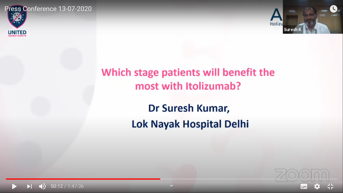 A/c to Dr Suresh Kumar: Followed strict protocol so not used Itolizumab on ventilator patients. Too effective in patients w/ moderate severity, actually those not w/ Cytokine storm or organ damage/multi dysfunction. Used on moderately sick  #COVID19 patients not on ventilators.