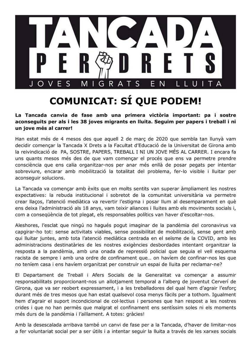 TancadaXdretsGi's tweet photo. Comença la roda d la #TancadaXdretsGi: victòria parcial. Tots els joves de la Tancada estan ja allotjats n programes d llarga durada de @govern: PA i SOSTRE aconseguits. Seguim en lluita perquè CAP MÉS JOVE AL CARRER. I reiterem a @desdelamoncloa: PAPERS I TREBALL 18-21
COMUNICAT https://t.co/85bOsNQaAz