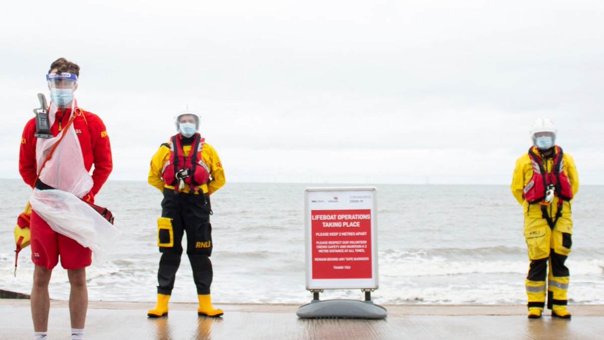 RNLI's tweet photo. As part of their new #PPE, #facemasks have become the new normal for our lifesavers - it keeps them and the people they are rescuing a little safer. https://t.co/5Mzl75265d