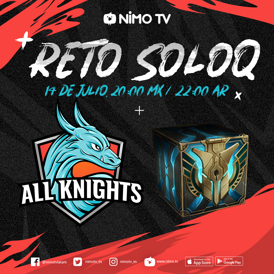 NimoTV_ES's tweet photo. Reto Solo Q de los chicos de @allknights_la
¿Cuál canal ganará más partidas? ¡Sorteamos SKINS en el canal del MVP de #LLA2020 en la semana pasada y en el canal del ganador de Reto Solo Q!
⏰8pm/MX, 9pm/CL, 10pm/AR
#nimotves #leagueoflegends #lol #streamers
https://t.co/0DZPUuwNMa
