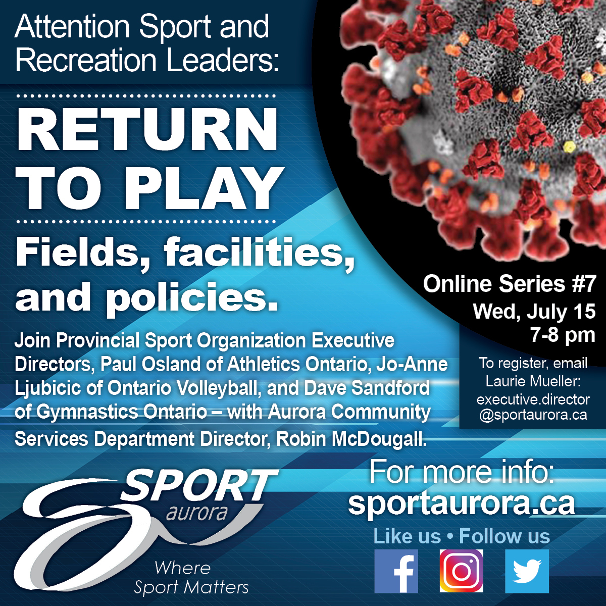 SportAurora's tweet image. SPORT &amp;amp; REC LEADERS! DON&quot;T MISS OUR #FREE #RETURNTOPLAY #WEBINAR 7pm WED JULY 15th ON FIELDS, FACILITIES &amp;amp; POLICIES with @athleticsont @ova_updates GymnasticsON &amp;amp; @Town_of_Aurora RSVP your spot today by emailing executive.director@sportaurora.ca #community #wheresportmatters