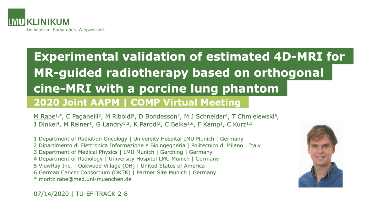 LMU_RadOnc's tweet photo. Today at 4:26PM (EST) at the Virtual #AAPMCOMP2020 Meeting: Moritz Rabe will present the results of an experimental validation study of a 4D-MRI estimation method using a porcine lung phantom at a 0.35 T #MRIdian MR-Linac
https://t.co/5HPhkVGxpG https://t.co/ceyDkNs0M0