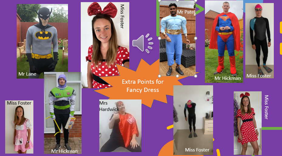 _MissFosterPE's tweet photo. Hope everyone is getting their fancy dress outfits ready for Virtual Sports Day!!! The PE staff put their outfits on to complete their activities!!! https://t.co/vHzG38k4i7