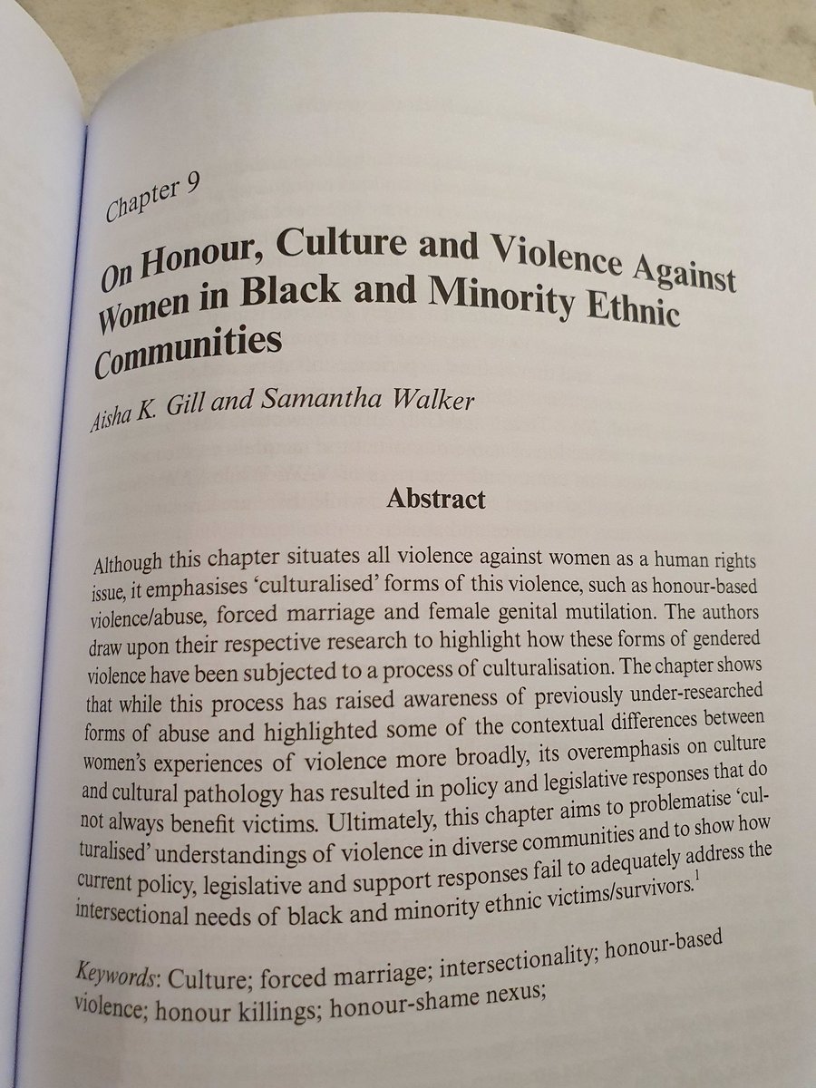 Highly recommend this essential Feminism, Criminology text by Professor Sandra Walklate at al. (July 2020) Hot off the press, is my article with S. Walker about honour, culture and violence against women in black and minority ethnic communities. Rukshana Naz. Remember her name 🙏🏽
