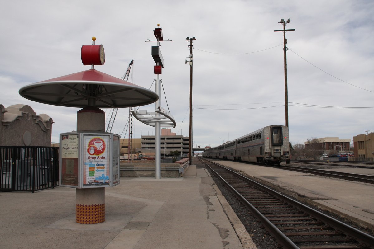 I arrived back at Albuquerque just in time to see Amtrak's daily Southwest Chief from Los Angeles depart eastbound for Chicago. It's the successor of the Santa Fe's famed Super Chief.And there ended my jaunt on the rails of New Mexico! 14/14