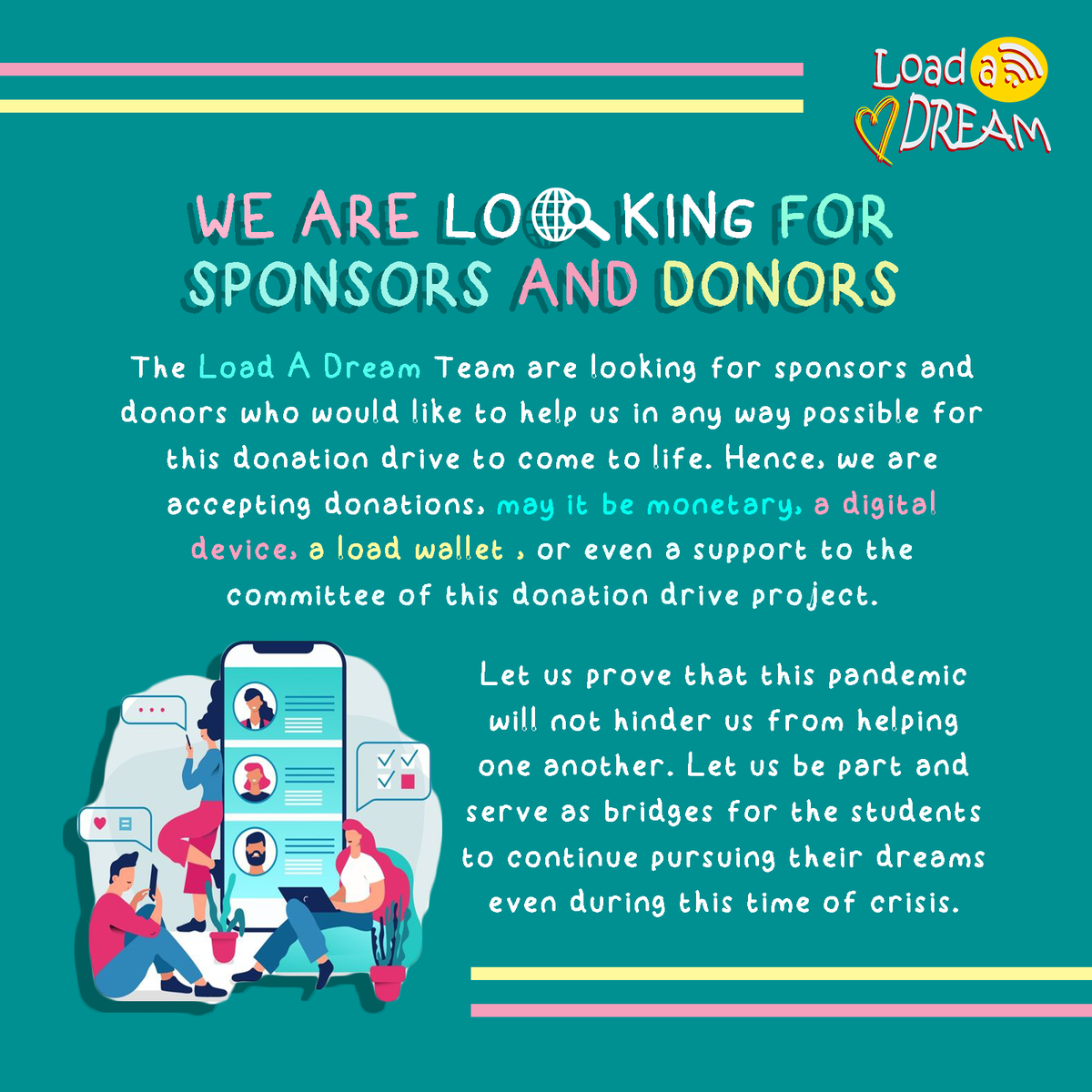 LoadADream1's tweet photo. Kami ang Load A Dream at hangad namin na makatulong sa aming mga kapwa estudyante sa gitna ng pandemyang ito.

Ang aming proyekto ay pinangalanan naming “Load A Dream” sapagkat sa isang munting tulong, maaari tayong may masagip na pangarap.

#LoaDream 
#LoadADream 
#WeShareADream https://t.co/3J3G4l3X0s