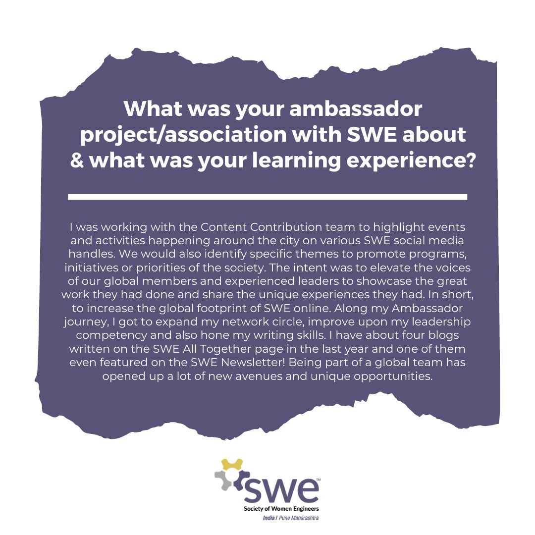 SWEPune's tweet photo. Meet SWE Global Ambassador: Rishika Shekhawat
#SWEPuneAffiliateTurns5 #womenatwork #SheforShe #HeforSWE #strongWomen #empowerment #DiversityWoman #diversity #inclusion #equity #outreach #mentoringmatters #leadership #belonging #womenempowerment #TogetherWeCan #womenintech https://t.co/7oUUEfj7Qh