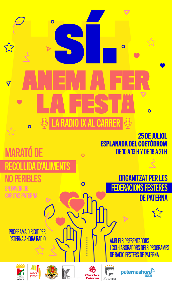 JLF_Paterna's tweet image. Sí! Anem a fer la Festa! 
Marató de recollida d'aliments no peribles en favor de Cáritas #Paterna.
Acosta't el 25 de juliol a l'esplanada del Coetòdrom i col·labora amb les famílies més necessitades. 
Gràcies de tot ❤️!! 
#FocFestaiFe #FestesPaterna