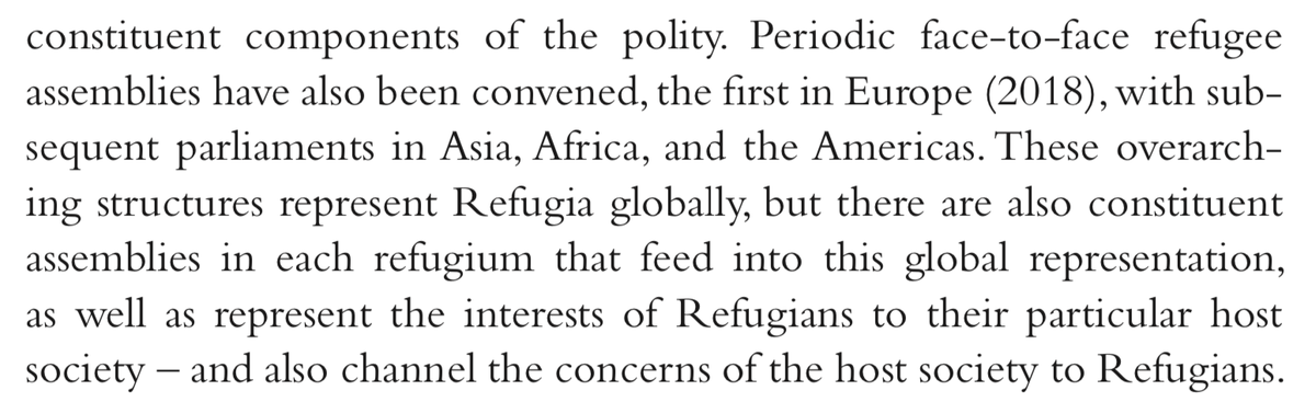 Governance. Again, without politics. What happens when Refugians _fundamentally disagree_ over how they should be governed, or even represented?What happens if our model assumes that level of agency for refugees?I think it breaks down pretty fast.