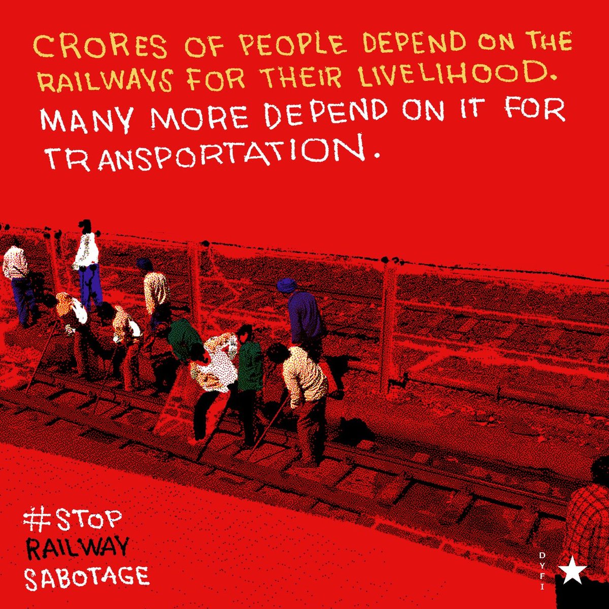 SfiCug's tweet photo. Privatisation of railways will eventually lead to higher travel fares. This will affect ordinary Indians like the farmers and workers. Gov must, therefore, sercure public transport systems in public ownership. #StopRailwaySabotage https://t.co/wgv4Tu3oBU