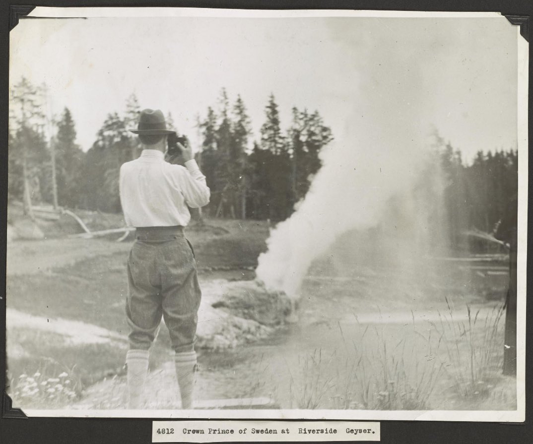 Old_Yellowstone's tweet photo. Sweden’s Crown Prince Gustaf Adolf at Riverside Geyser, 1926.  The New York Times reported that Prince Gustaf had a 4 day tour, staying at Lake Hotel, and “riding herd on the park buffalo.” He became King of Sweden in 1950, and died in 1963 at the age of 90. #oldyellowstone https://t.co/0CbLNIXrhG