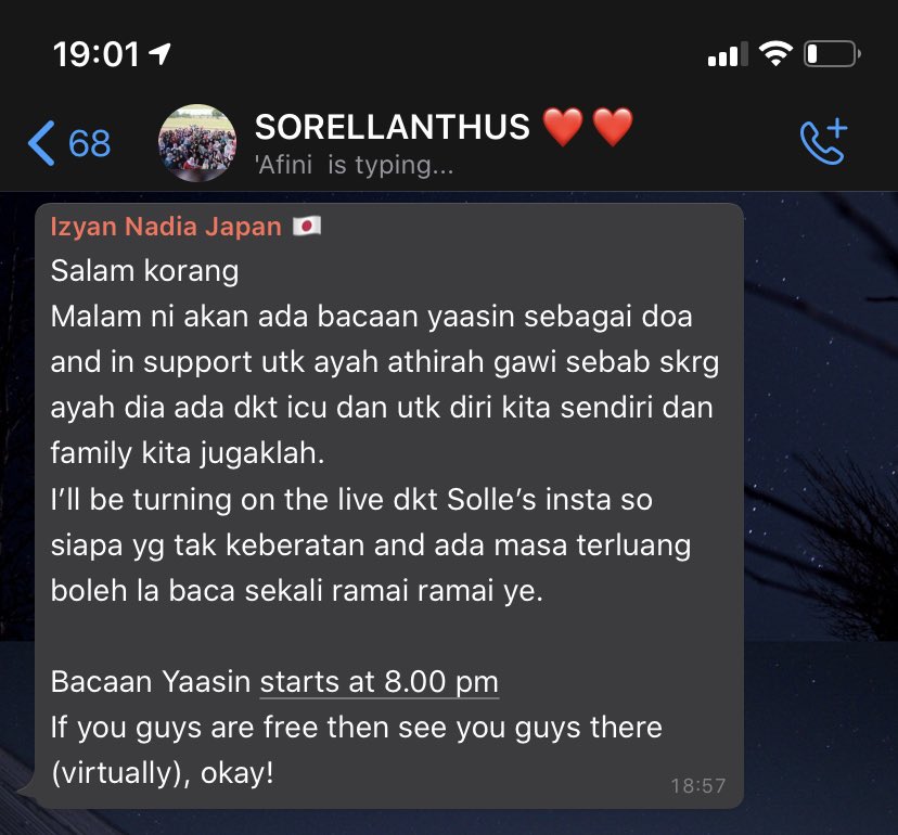 Solle1014's tweet photo. Salam semua. We will be conducting a Yaasin prayer dedicated to AG's father who is in ICU and we can all also pray for ourselves and our dear family. We will start at 8pm tonight, please feel free to join virtually! Updates on the link  (Webex/Zoom) will be given shoryly https://t.co/jO2AEahuo3