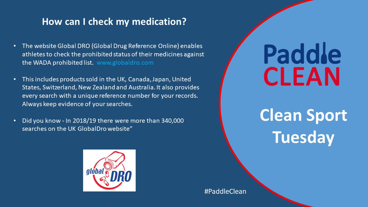 paddle_uk's tweet photo. How can I check my medication?
The website Global DRO (Global Drug Reference Online) (link) enables athletes to check the prohibited status of their medicines against the WADA prohibited list. (1/3)
#PaddleClean #CleanSportTuesday @ukantidoping https://t.co/WyizRxPnFa