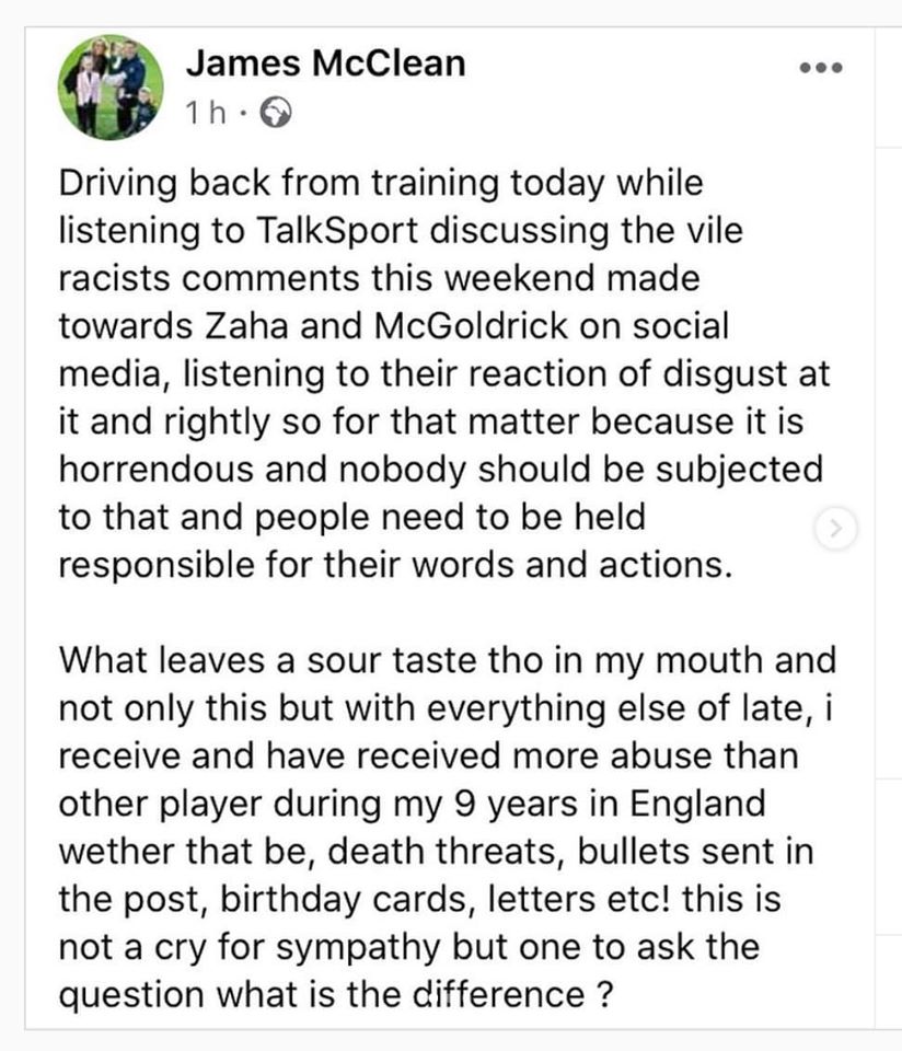 BeWarmers's tweet photo. James McClean has released this statement on the recent racist messages towards Wilfried Zaha and David McGoldrick. 

Thoughts? 🤔 https://t.co/lMfJ5oMaag