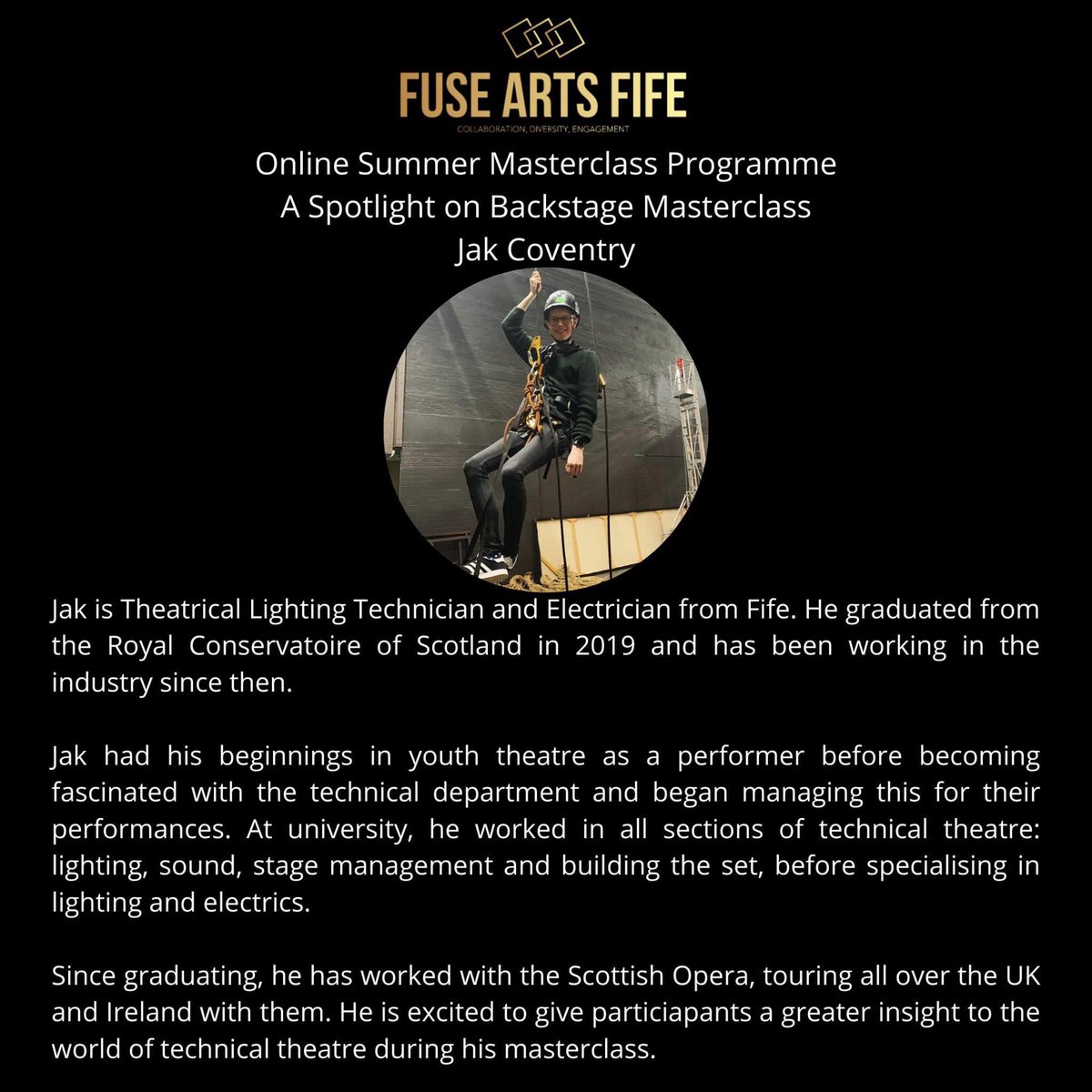 FuseArtsFife's tweet photo. We still have spaces on our #FREE #technicaltheatre masterclass today with the lovely @jak_coventry - open to all young people, held via Zoom, DM for more information! #theatre #youththeatre https://t.co/kV49T1g1Bl