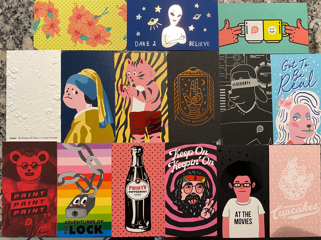 Print Peppermint specializes in printing for “good designers and illustrators”. The samples are astounding! Paper print quality and special effects are top notch. He sent a ton of samples for Prof. Meloney's Print Media Class. <3 printpeppermint.com #printisntdead #lovepaper