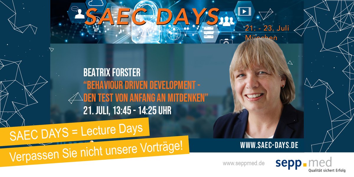 seppmedgmbh's tweet photo. Die SAEC Days finden vom 21. bis 23. Juli 2020 zum zweiten Mal statt, in diesem Jahr jedoch ausschließlich online.

Nehmen Sie teil am Vortrag von Beatrix Forster mit dem Titel: "Behaviour Driven Development - den Test von Anfang an mitdenken".

Abstract: https://t.co/jMTldGRx3n https://t.co/xV5tBJfOgA