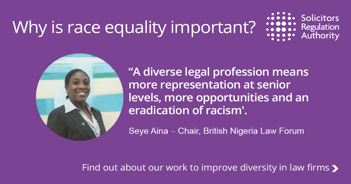 sra_solicitors's tweet photo. “A diverse legal profession means more representation at senior levels, more opportunities and an eradication of racism”, Seye Aina - Chair, @BNLF_UK. Find out about our work to promote diversity and equality within the legal profession https://t.co/qssFThvUQK https://t.co/nuMLls3i1G