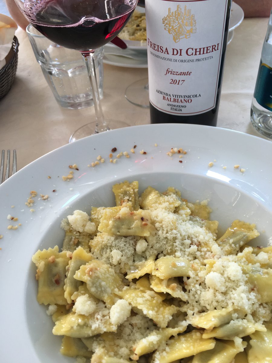 On Day 14 of #julyphotochallenge the theme is Mac &amp; Cheese. This is the nearest I've got. The pasta is a Piemonte speciality called agnolotti - served here in a Turin restaurant, accompanied by a local Freisa <a href="/FeatureCumbria/">@featurecumbria</a>