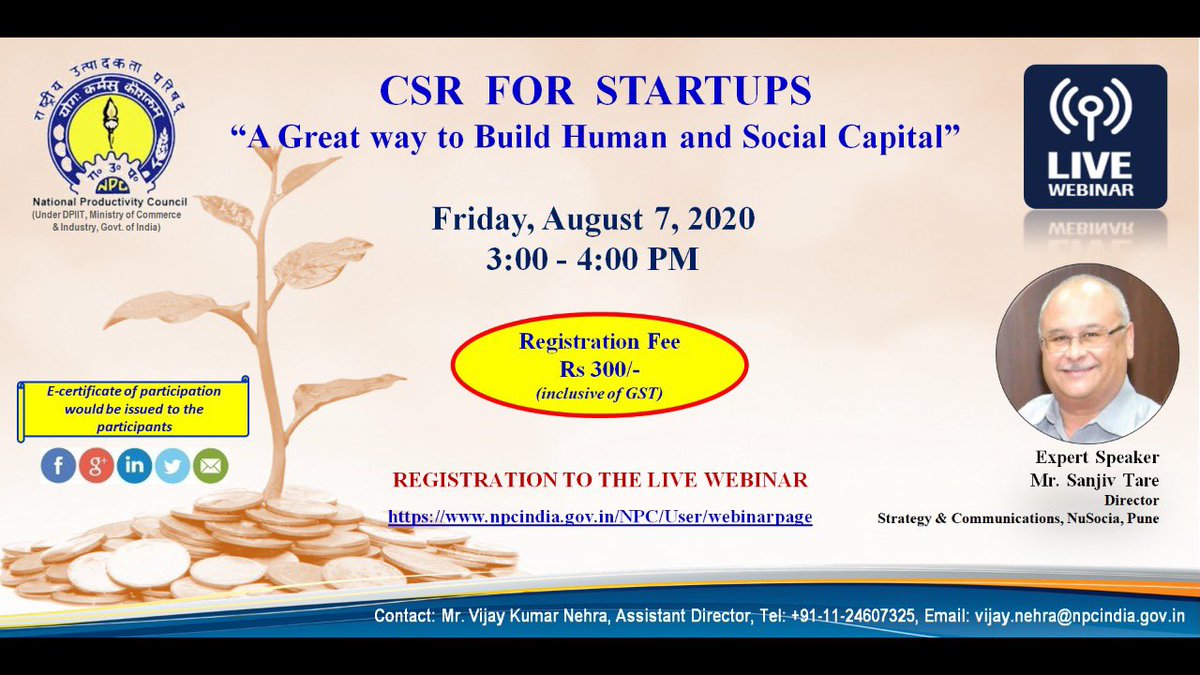 Insightful Webinar on #CSR for #Startups ⁦@NPC_INDIA_GOV⁩ @Youth4Entrprise ⁦@GoI_MeitY⁩
@MSDESkillIndia ⁦@DIPPGOI⁩ 
#MeitYStartupHub #EntrepreneurshipDevelopmentTraining #Startup #Business #SkillDevelopment #Entrepreneur #SkillIndia #SmallBusinessDevelopment