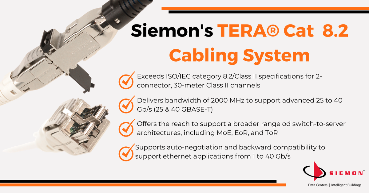 SiemonIndia's tweet image. #Siemon’s end-to-end TERA Category 8.2 #coppercabling system was founded on our Siemon TERA connector that was originally chosen as the ISO/IEC 11801 interface for category 7A/Class FA and easily achieved new Category 8.2 compliance. bit.ly/37yklEJ

#Network #SmartCities