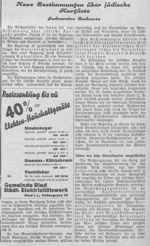 Chrisl7000's tweet photo. Heute vor 82 Jahren: "Judenreine Badeorte". Von dieser antisemitischen Ausgrenzung war es nicht mehr weit zu den Novemberpogromen und dem Holocaust. Innviertler Heimatblatt, 14. Juli 1938.
#Antisemitismus #Nationalsozialismus #Holocaust https://t.co/k9uYTdDcZw