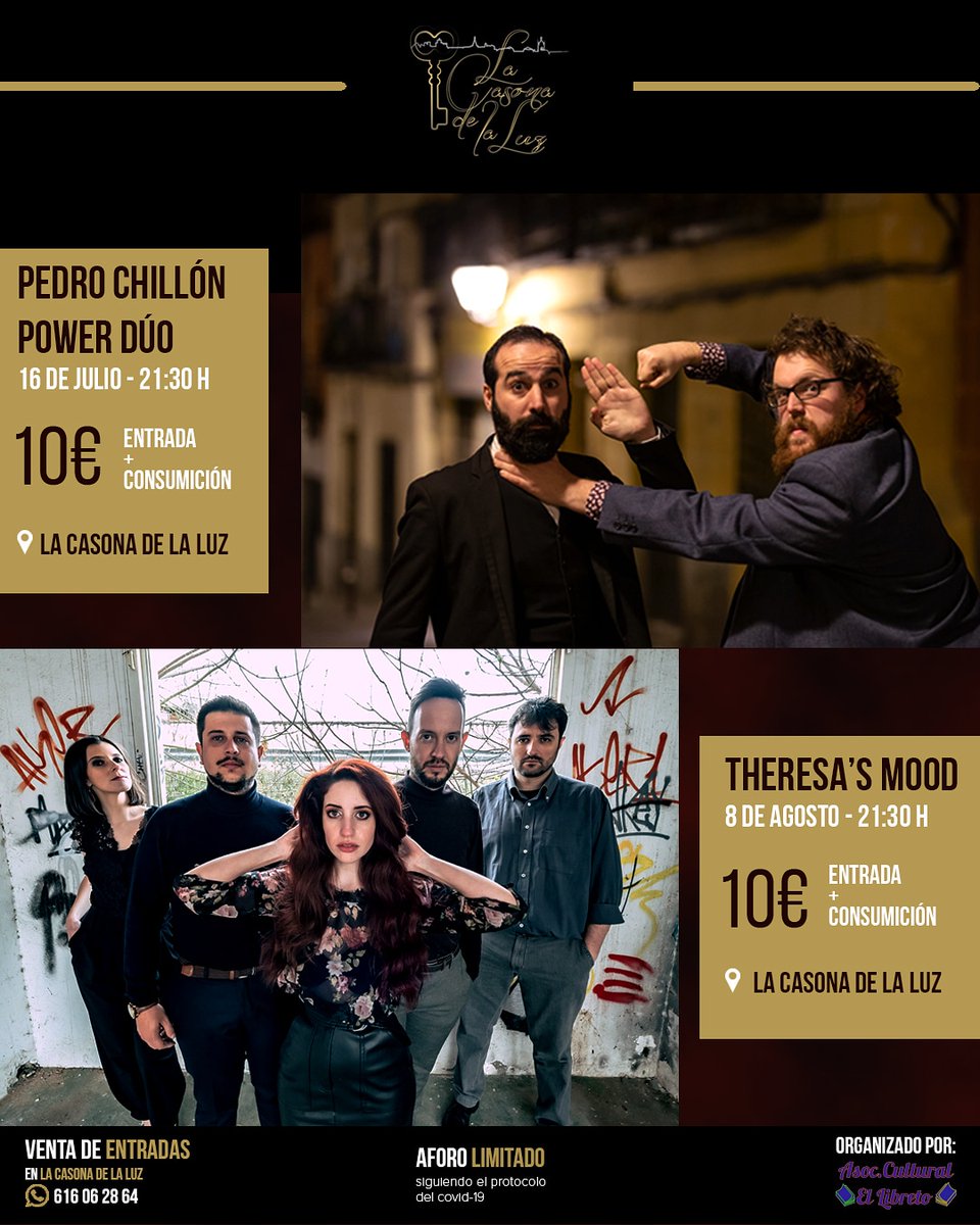 ⭐ GUADIX ⭐
Entre Pedro Chillón y Theresa's Mood organizamos este ciclo de conciertos celebrado en La Casona de la Luz.
Pedro con su Power Dúo abre el evento este jueves 16 de julio.
Nosotros os esperamos el SÁBADO 8 DE AGOSTO en el mismo lugar. 🏠✨
📞 616 06 28 64