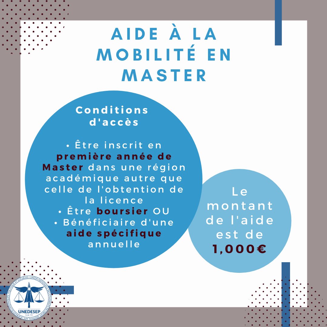 [AIDE À LA MOBILITÉ EN MASTER]

➡ Vous pouvez bénéficier d'une aide à la mobilité en Master lorsque vous partez étudier dans une région académique autre que celle dans laquelle vous avez obtenu votre licence. 
➡ Retrouvez ci-dessous les étapes à suivre: messervices.etudiant.gouv.fr/envole/