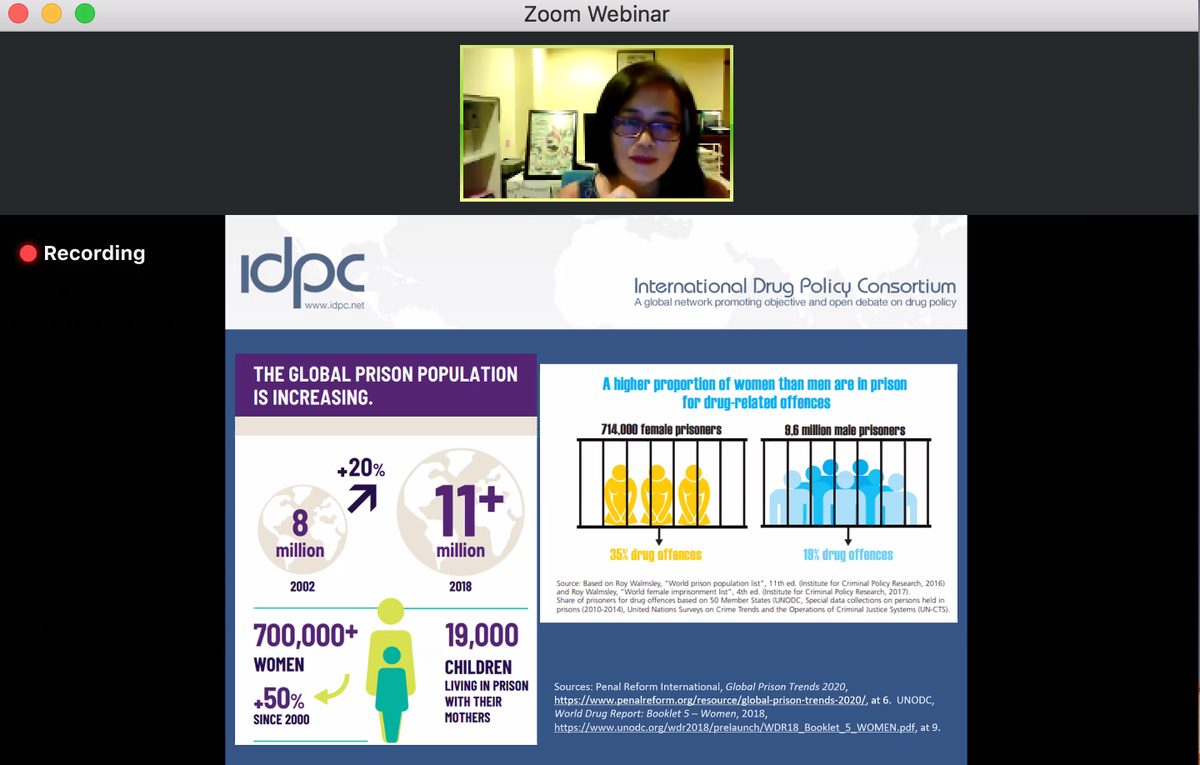 Women imprisoned for low-level, non-violent drug offences as a proportion of incarcerated populations around the world are increasing - up to 80% in Thailand, 60% in Philippines, 70% in Singapore. - Gloria Lai <a href="/IDPCAsia/">International Drug Policy Consortium (Asia)</a> speaking as part of @WHRINetwork webinar on #COVID and #WWUD