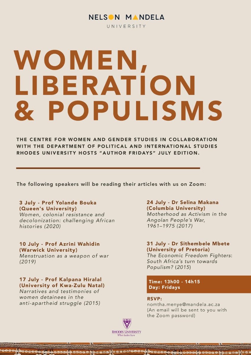 A reminder that this Friday, 17 July 2020, we have another 'Author Friday' with Prof Kalpana Hiralal as the speaker, @Ms_ThandOo as chair and and @pearl_africa as respondent. https://t.co/PSLQdczyRS