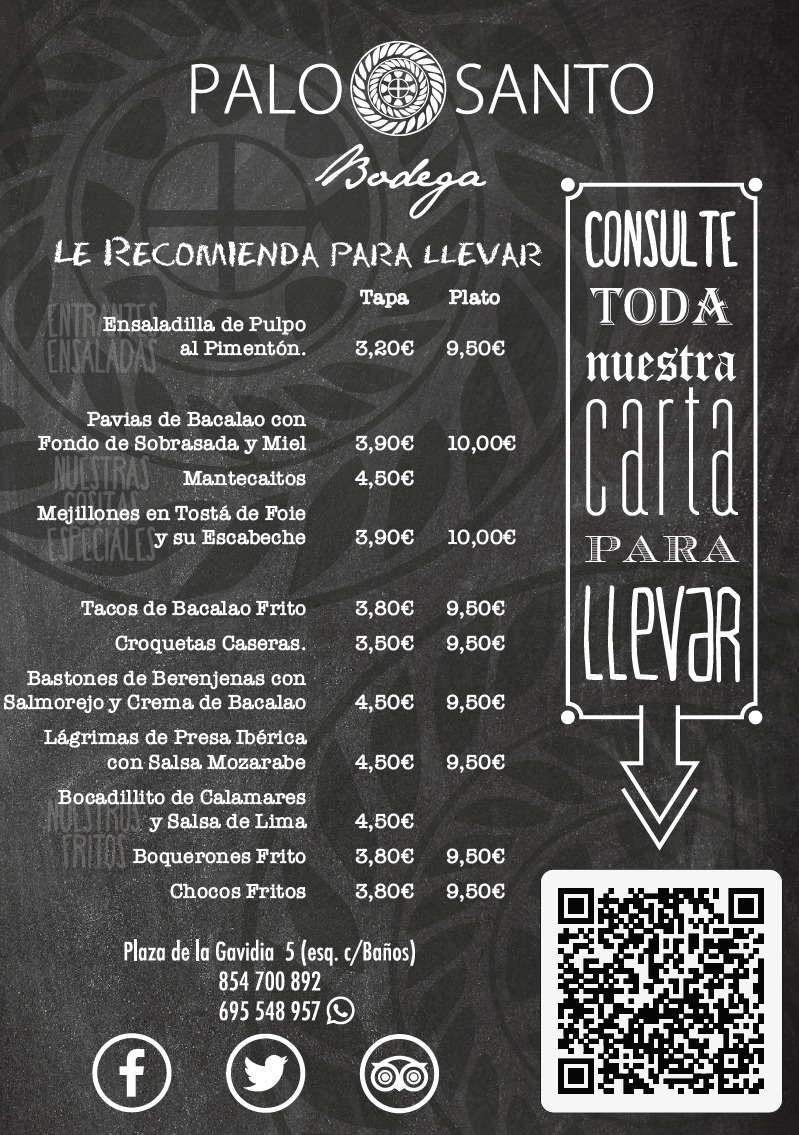 bodegapalosanto's tweet photo. Aquí tienes la carta de comida para llevar.
Solo tienes que elegir que te apetece y venir al local a recoger tu pedido.
¡La cocina de Palo Santo, ahora en tu casa o trabajo!
#takeaway #recogidaenlocal #palosanteros #gastronomia #Gavidia5 #Sevillahoy https://t.co/fPd1penrhx