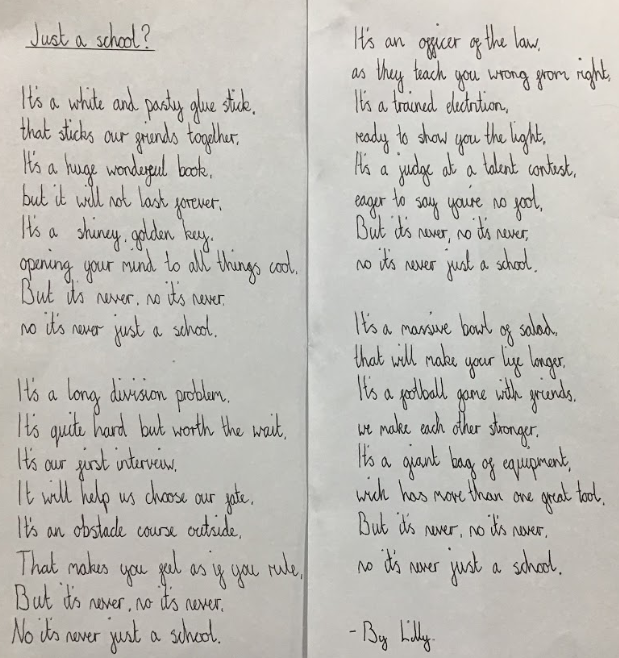 6Galfrid's tweet photo. Our Year 6 leavers have been reflecting on their time in Primary school and writing poetry to express their ideas.
This wonderful poem was based on Joshua Seigal's poem 'Just a Book?' @JoshuaSeigal @Galfrid_Edu @JenReynolds02 https://t.co/IPD4ZEQOpE