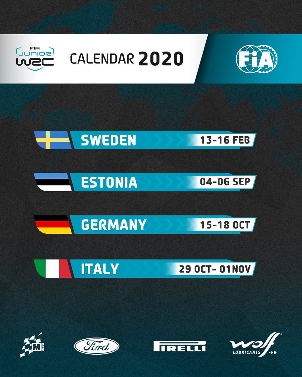 FIAJuniorWRC's tweet photo. We have our new calendar 📅!
Clear you schedule for:

🇸🇪 13-16 Feb @RallySweden 
🇪🇪 04-06 Sep @RallyEstonia 
🇩🇪 15-18 Oct @ADACRallye
🇮🇹 29 Oct-01 Nov @Rally_d_Italia 

#JWRC #EcoBoost #Fit4Rally #WolfLubes #MSPORTERS #RoadToWRC https://t.co/YdLaeb3Fxp