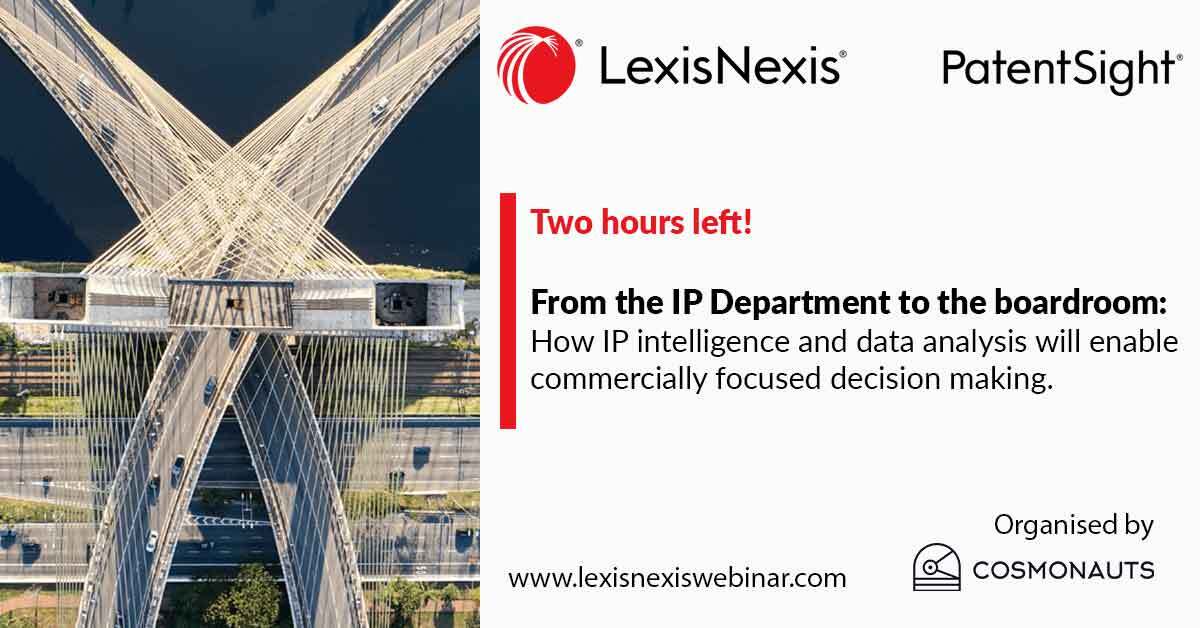 CosmonautsIP's tweet photo. Two hours left until our thought-provoking webinar on IP Intelligence and Data Analysis!
Register now on - https://t.co/W6Eir1LhDe

#LexisNexis #wearecosmonauts #PatentSight #IP #DataAnalysis https://t.co/XanShfQE5q