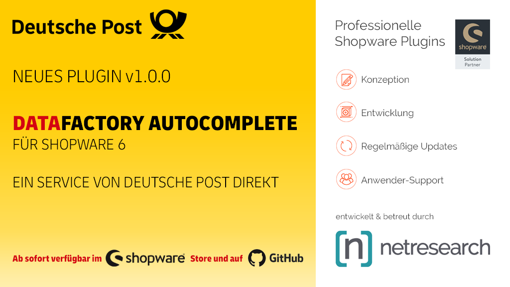 netresearch's tweet photo. Das neue #PlugIn #DataFactory #AUTOCOMPLETE in v1.0.0 für #Shopware6 ist ab sofort im #ShopwareStore verfügbar. Der Service von #DeutschePostDirekt kann 30 Tage lang #kostenfrei getestet werden. @shopware #PlugIns @DeutschePostDHL #PostDirekt

Jetzt unter https://t.co/1yH5F26zac https://t.co/nZfPX1p06z