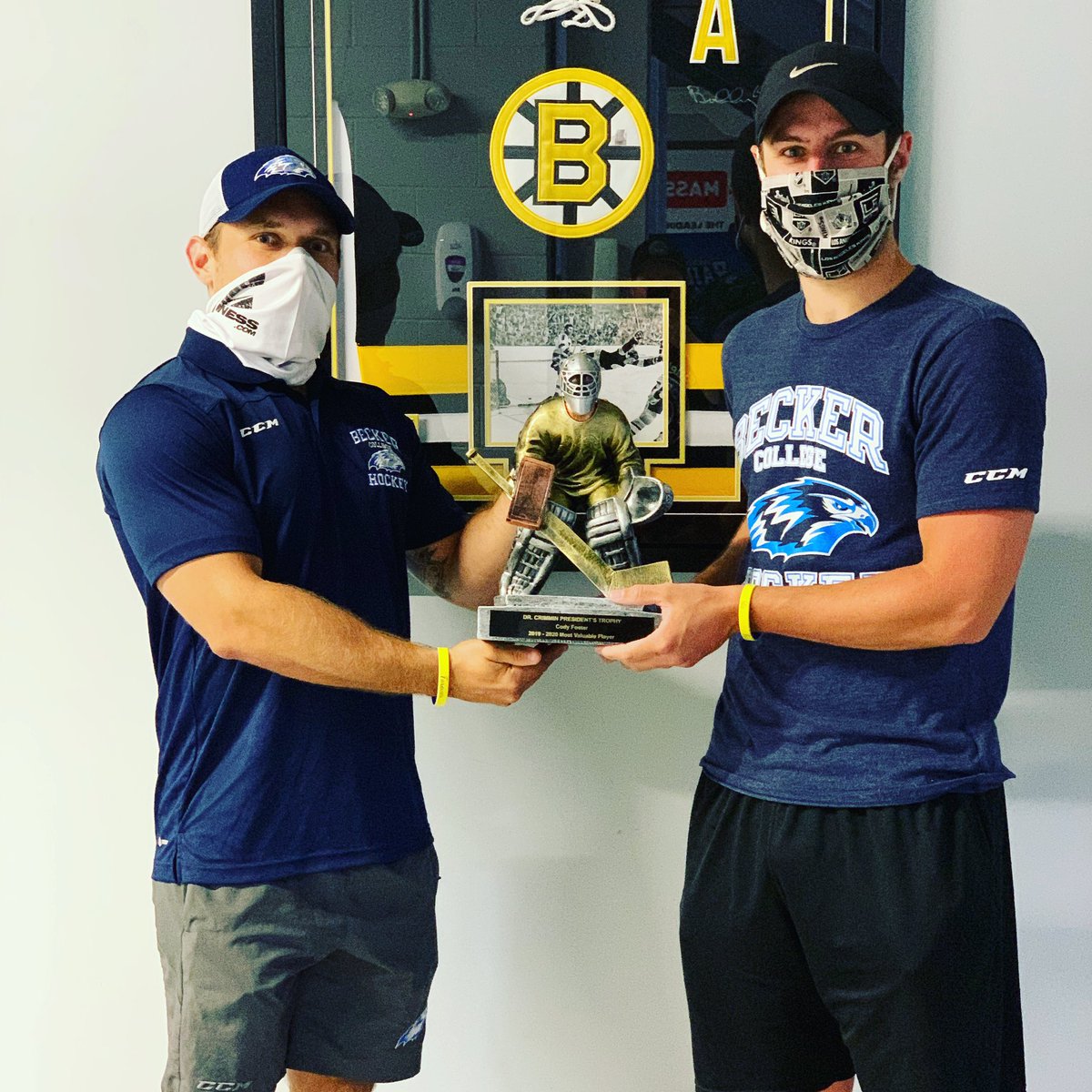 BCHawksHockey's tweet photo. Last night @cfoster95 tracked down @CoachYoungMD to receive his @DrNancyCrimmin President’s Trophy as the 2019-2020 #HawksHockey🏒 MVP! 

#BVictorious https://t.co/eGD2DWZRx5