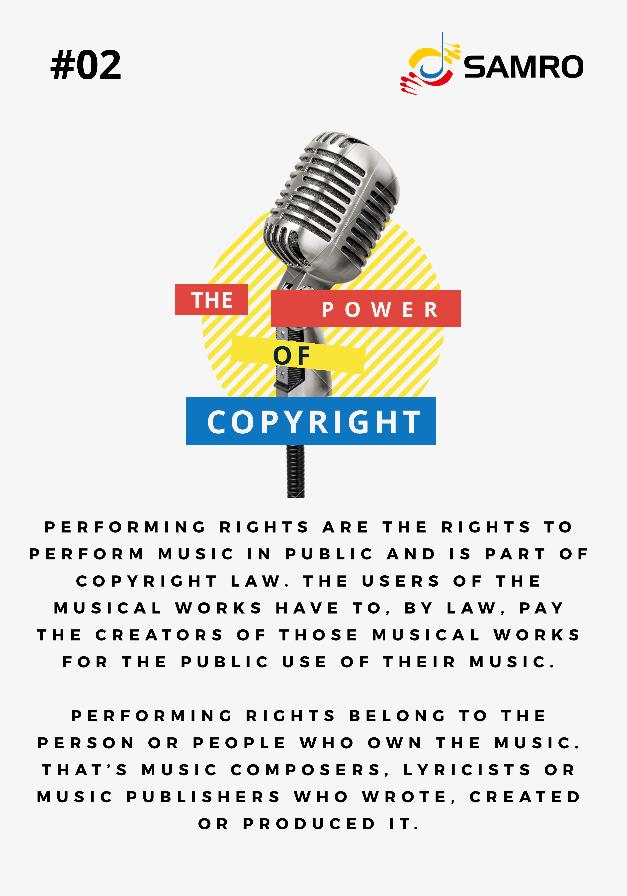 SAMROMusic's tweet photo. South African copyright law outlines Performing Rights as three distinct rights in a musical work: the right to perform a work in public, the right to broadcast a work and the right to transmit a work through a diffusion service.
#MyCopyright https://t.co/52kd9bSAkQ