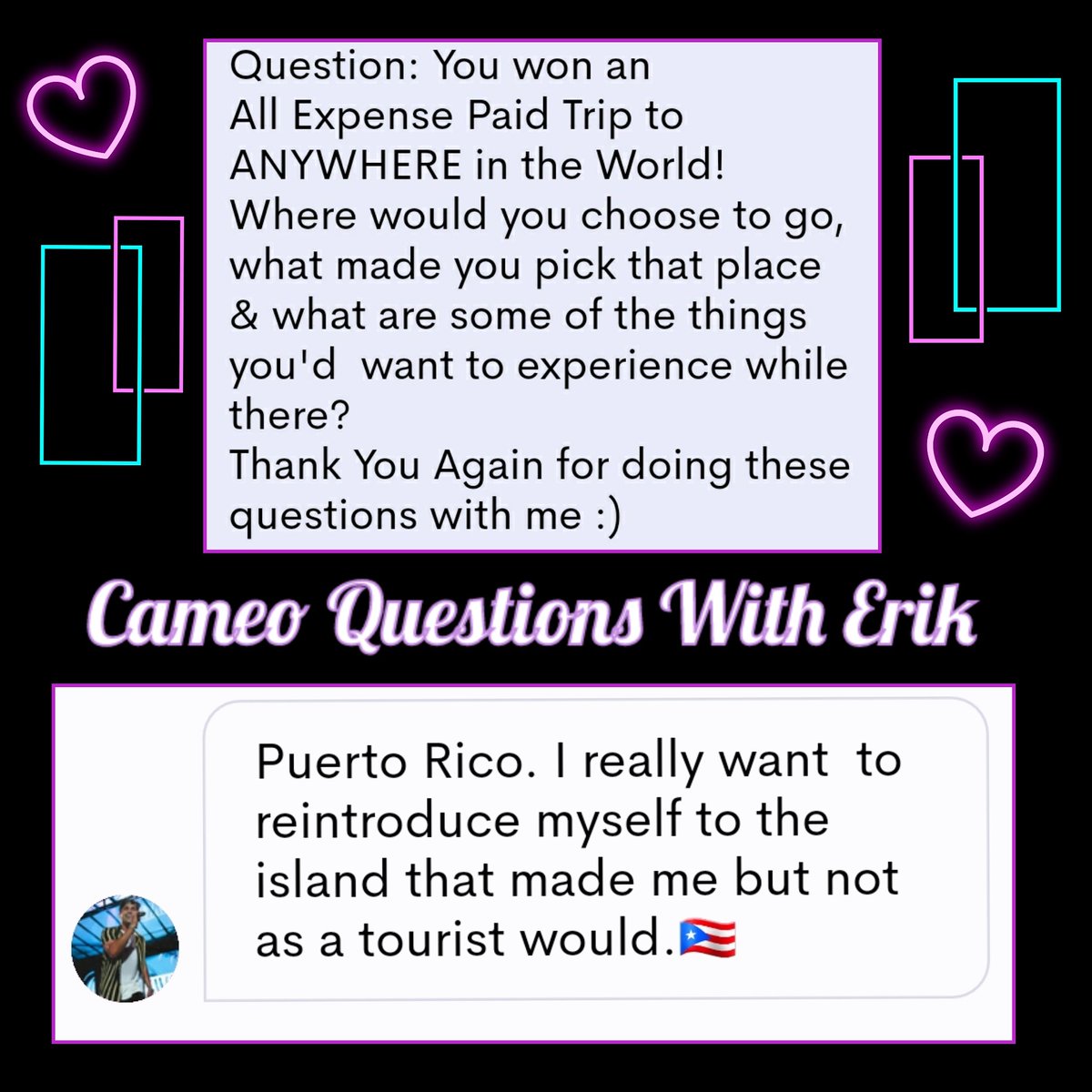 EMEmaniacs's tweet photo. #CameoQuestionsWithErik 🇵🇷 #EveryTuesday #Question #Love #ErikMichaelEstrada #Love #Travel #PuertoRico #TeAmo #MiAmor #Roots @iamerikestrada https://t.co/hH6jxPmciu