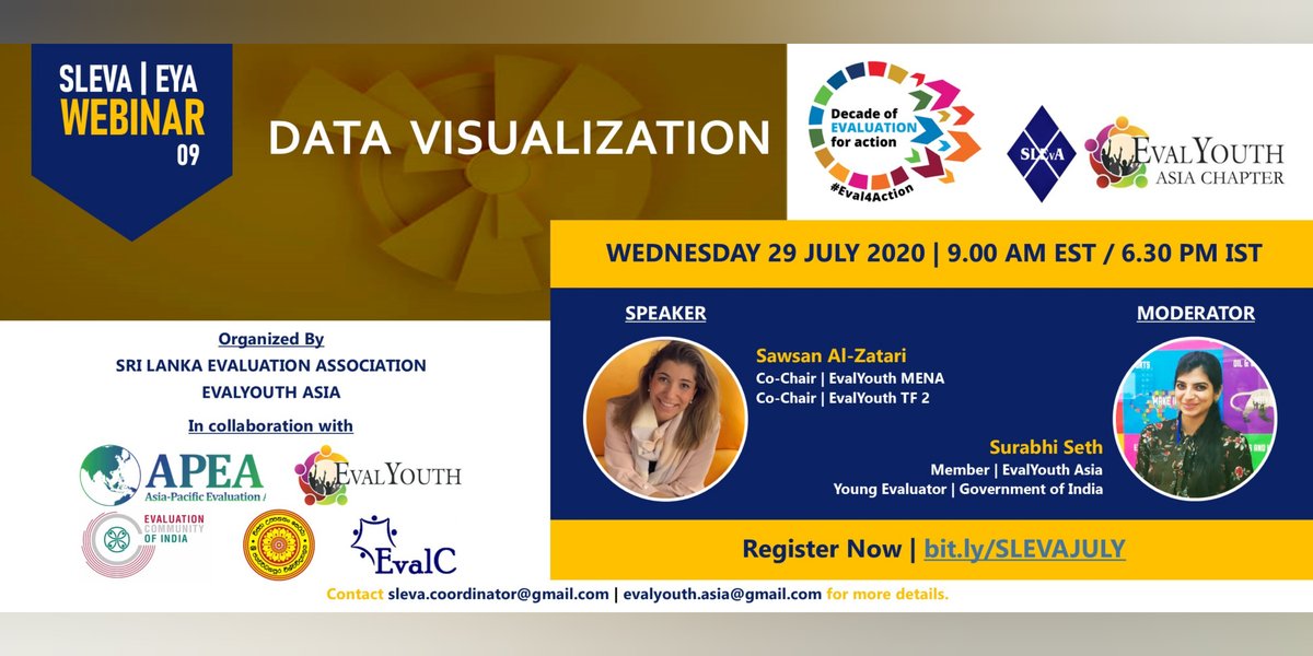 EvalyouthAsia's tweet photo. Join the webinar organized by @SLEvA_Official & @EvalyouthAsia on "#Data_Visualisation" conducted by @Sawsan_AlZatari
On Wednesday, July 29, 2020 @ 9.00 AM EST / 6.30 PM IST
Register Now!! https://t.co/NClqawjgIy
@APEAeval @Eval_Youth @ECOI_India @Eval_MENA @Eval_MENA https://t.co/gG16mRP7Bo